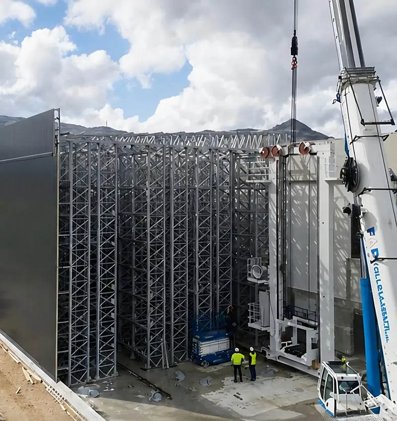 Automated rack building steel structure under construction in Italy