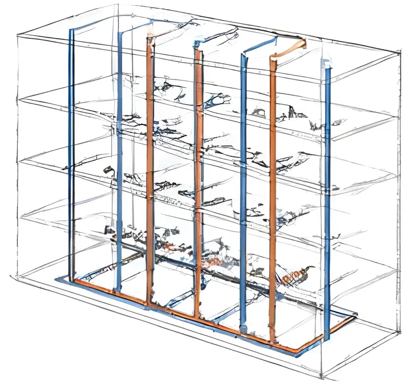 Hospital chilled and hot water piping stress model and risers (second view)